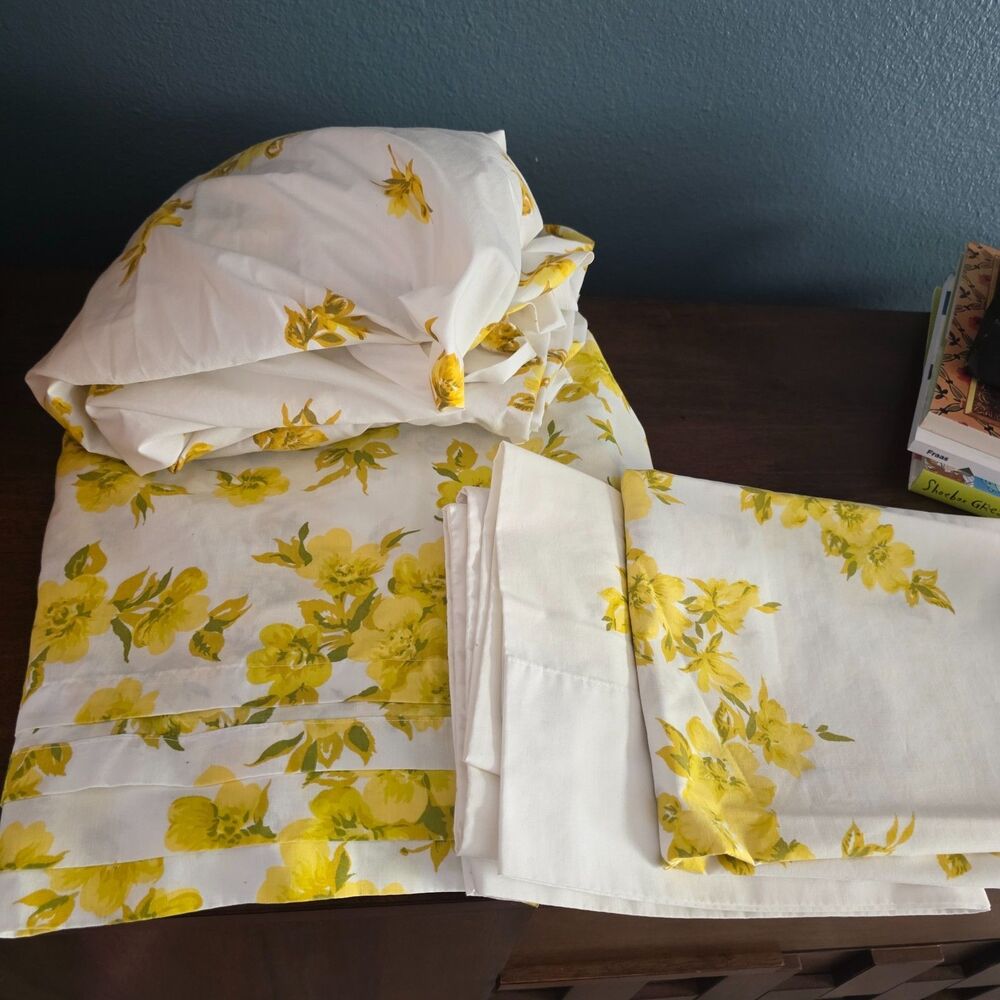 Perma- Prest Percale Vintage Yellow Floral Twin Sheet Sear, Roebuck And Co